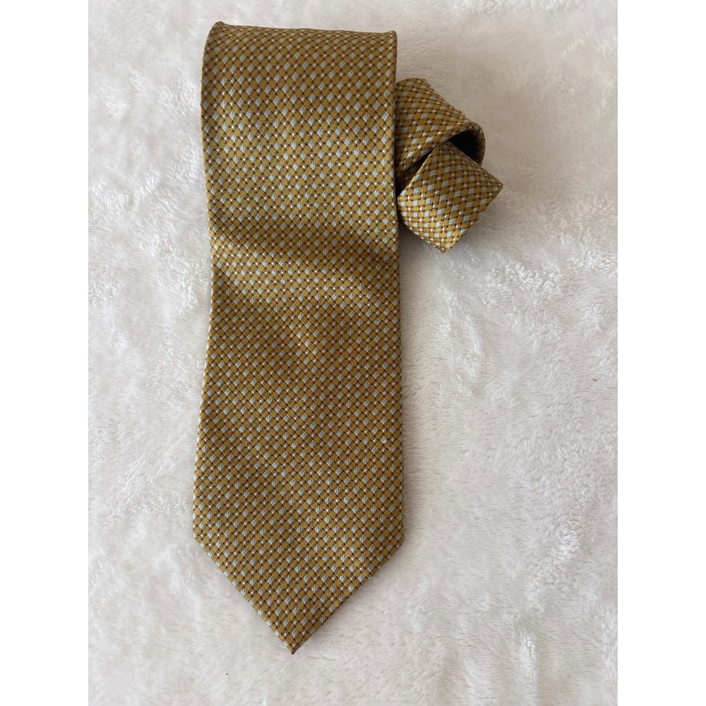 Jhane‎ Barnes Mens Silk Tie Mustard Gold Blue Geometric Diamond Woven Necktie